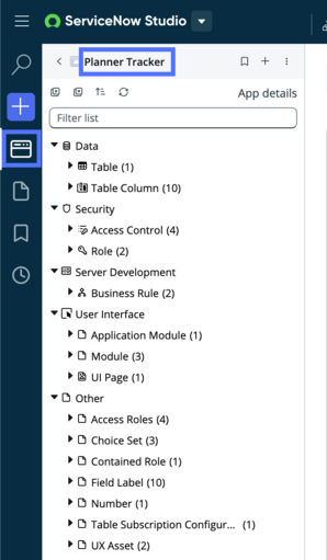 App details panel showing the Planner Tracker application metadata organized in a hierarchical tree structure