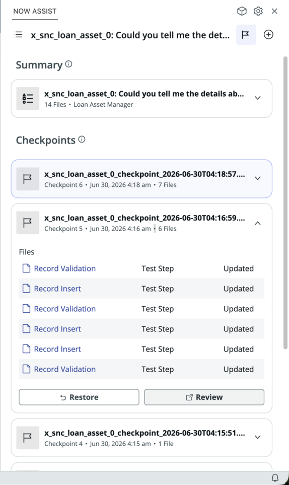 Checkpoints panel with Checkpoint 5 expanded, listing six updated test step files and Restore and Review buttons.