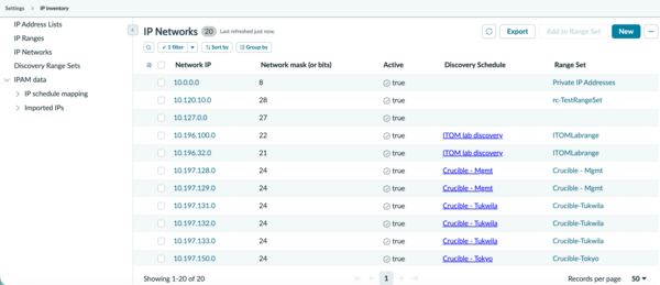 IP Networks tab in IP inventory