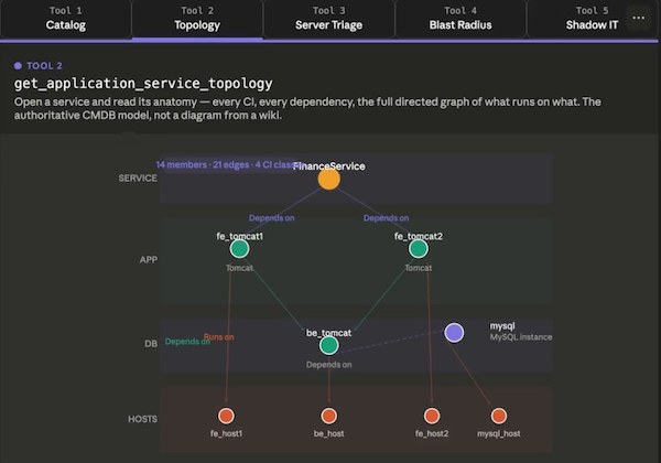 Topology graph with 14 members, 21 edges, and 4 CI classes across SERVICE, APP, DB, and HOSTS layers, with Depends on and Runs on edges.