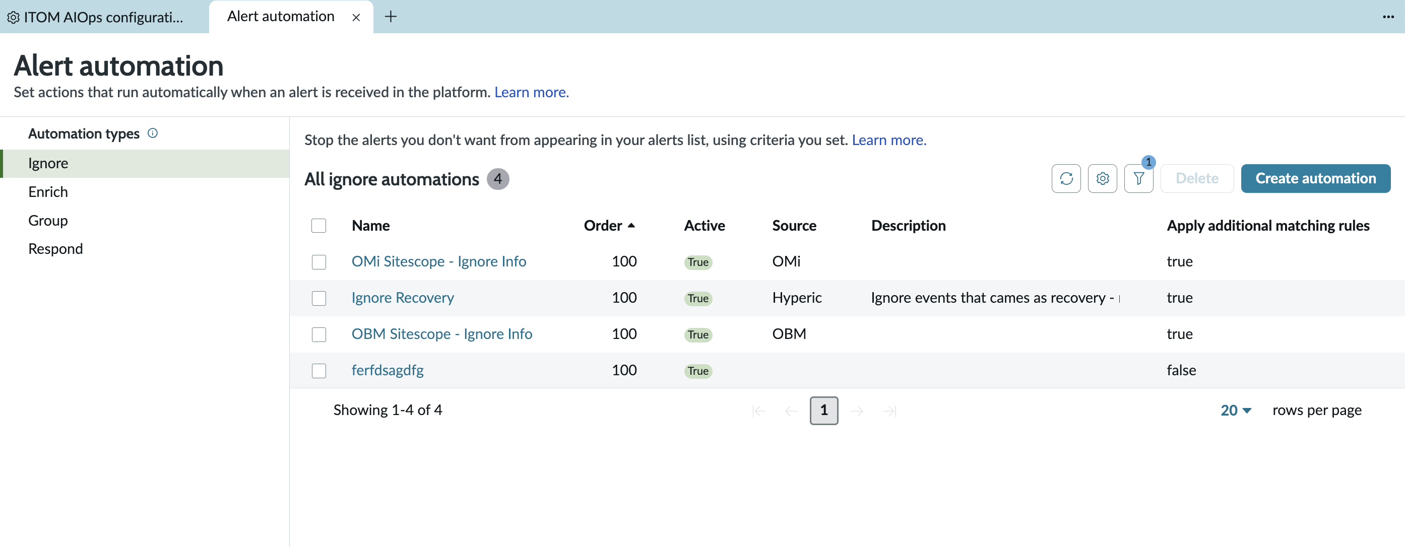 Alert automations page with option to create automation to enrich, group, or escalate and notify.