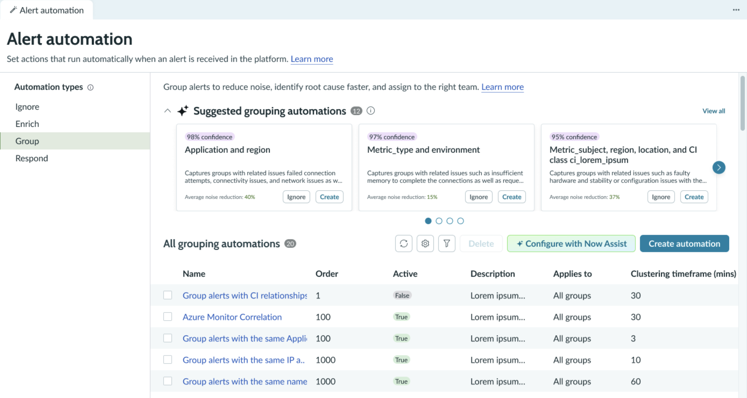 The Group Automation page displays suggested grouping automations.