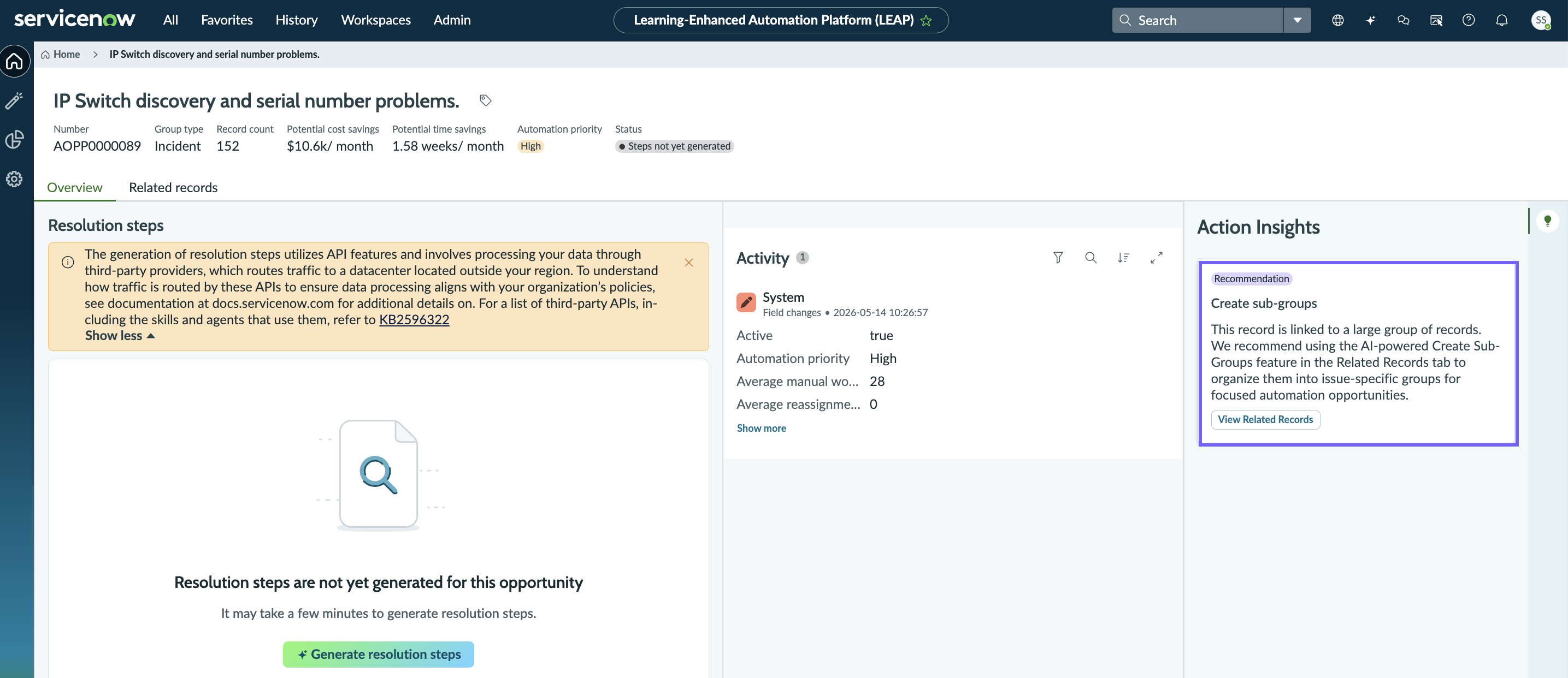 Action insight to create automation opportunity subgroups