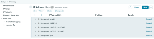 IP Address Lists tab in IP inventory
