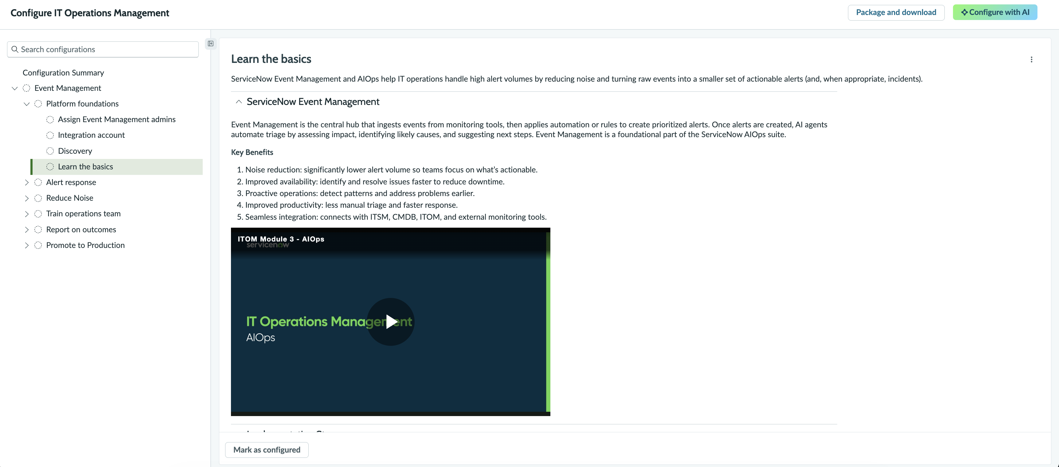 The Configure IT Operations Management page where you can see the Discovery and the Event Management modules.
