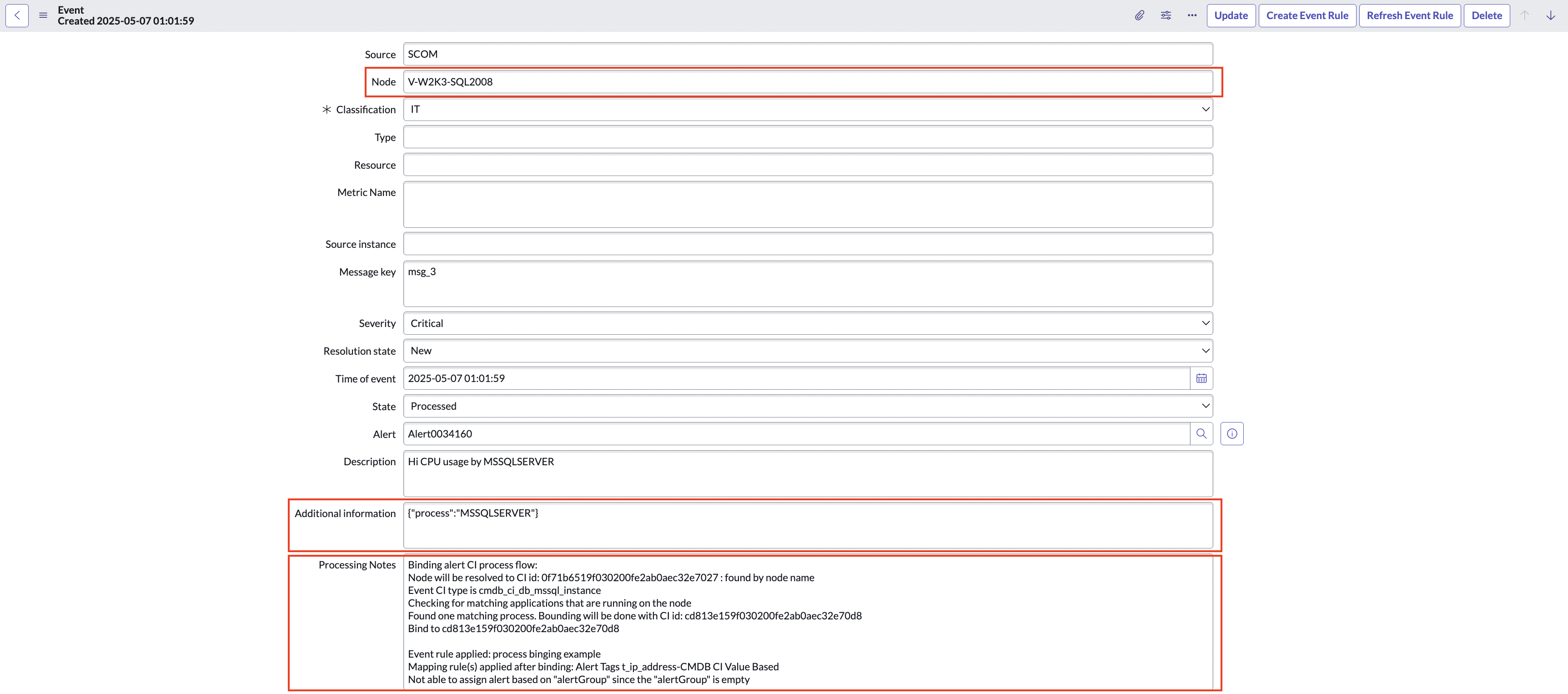 Processing notes confirming alert-process binding.
