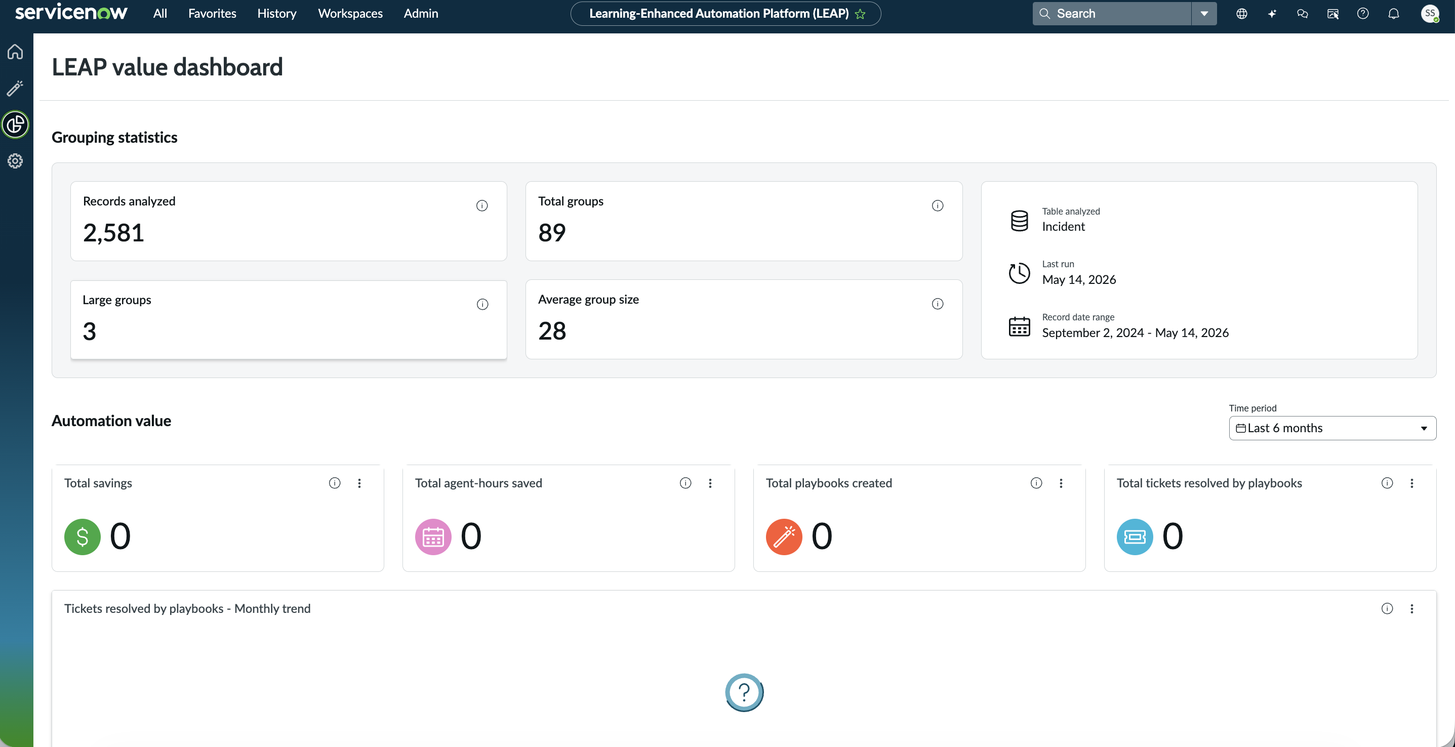 LEAP value dashboard showing automation metrics and opportunities