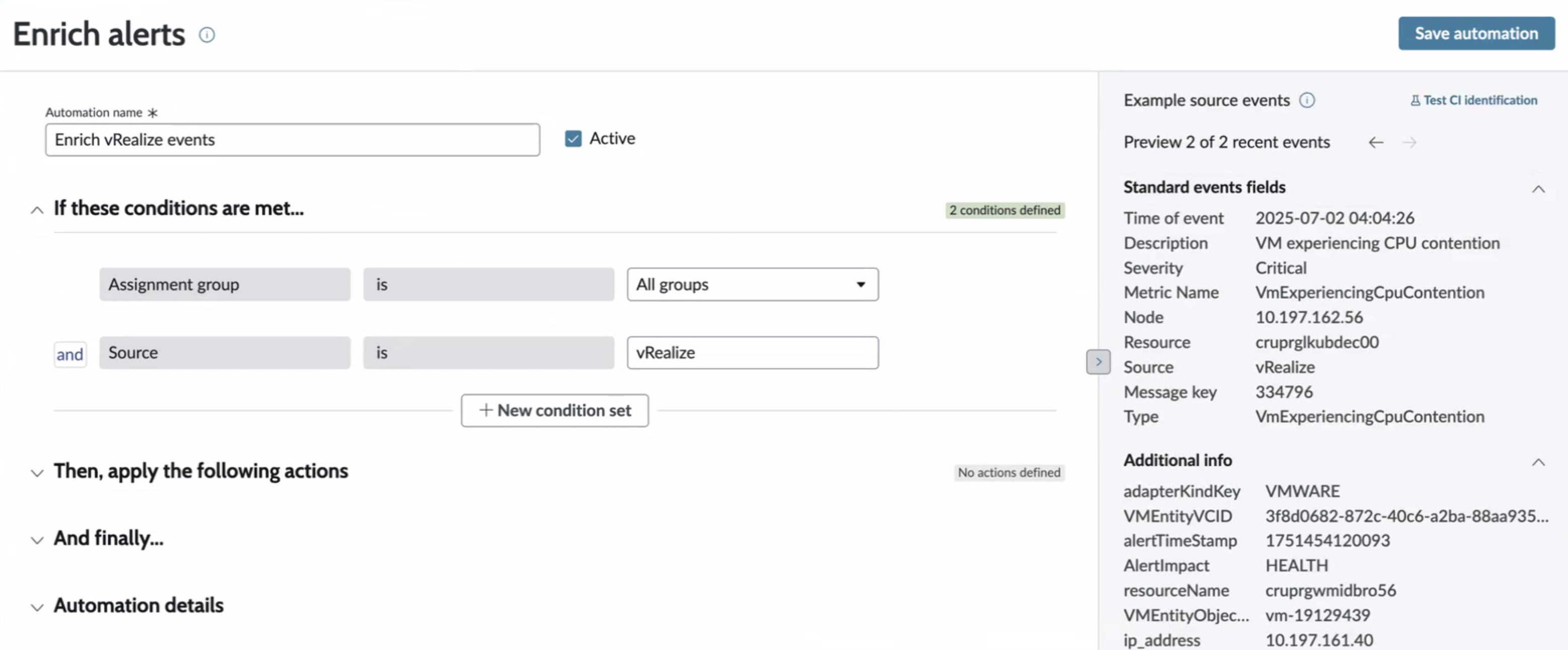 Enrich rule page where you can provide automation name, set conditions and actions.