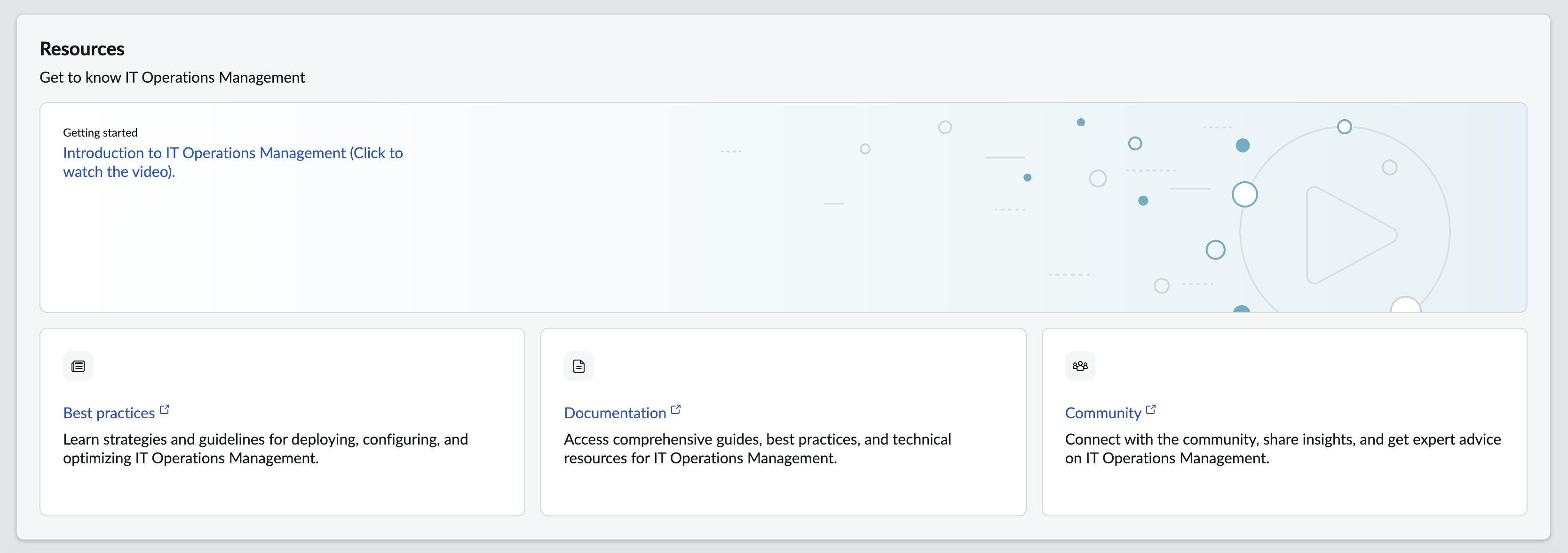 Resources section of the ITOM Product Hub page with links to an intro video, best practices, documentation, and community.