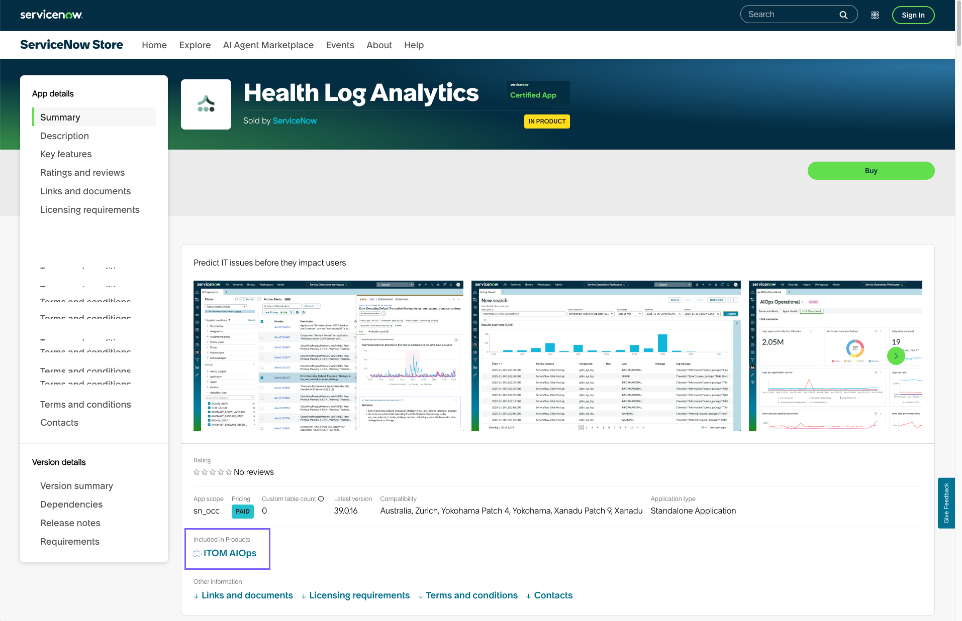 The Health Log Analytics app product page in the ServiceNow Store.