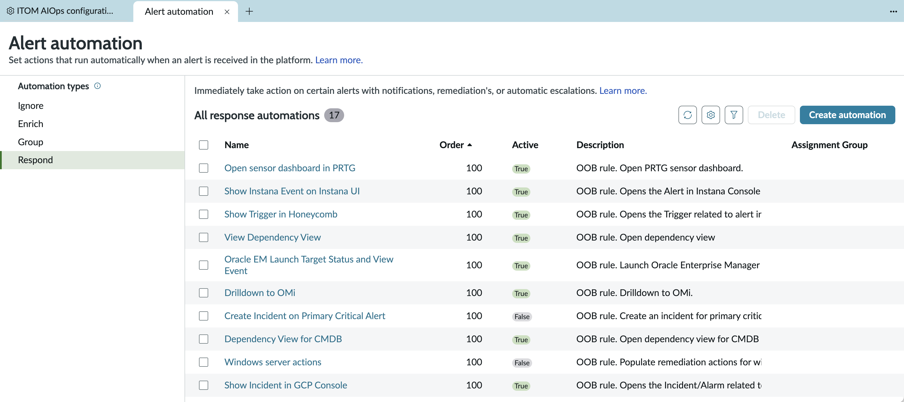 Respond automation page from where you can create automation to remediate action on alerts, escalate alerts or notify stakeholders.