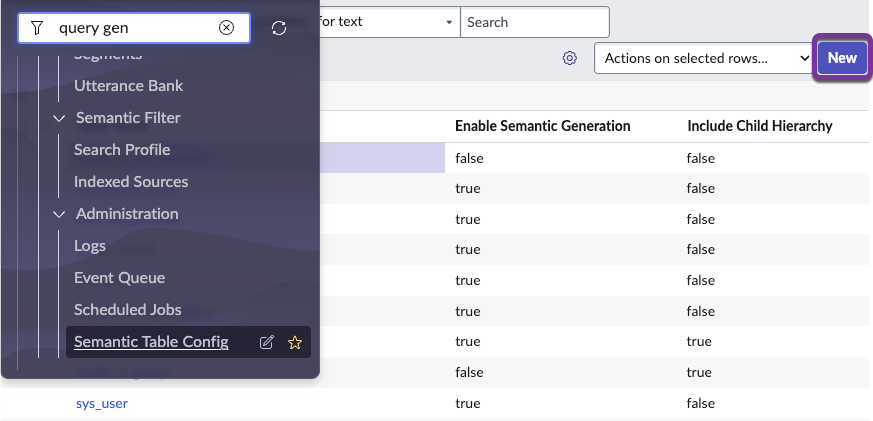 Lista de geração de tabela semântica mostrando onde abri-la no Navegador e o botão Novo.