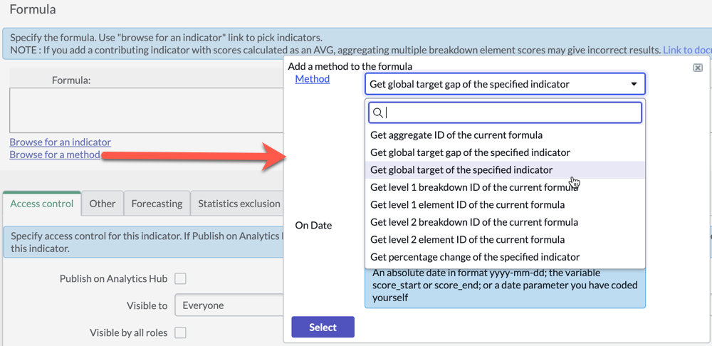 Lista de rótulos descritivos de métodos na caixa de diálogo "Adicionar um método à fórmula", com Obter lacuna de meta global do indicador especificado em destaque.