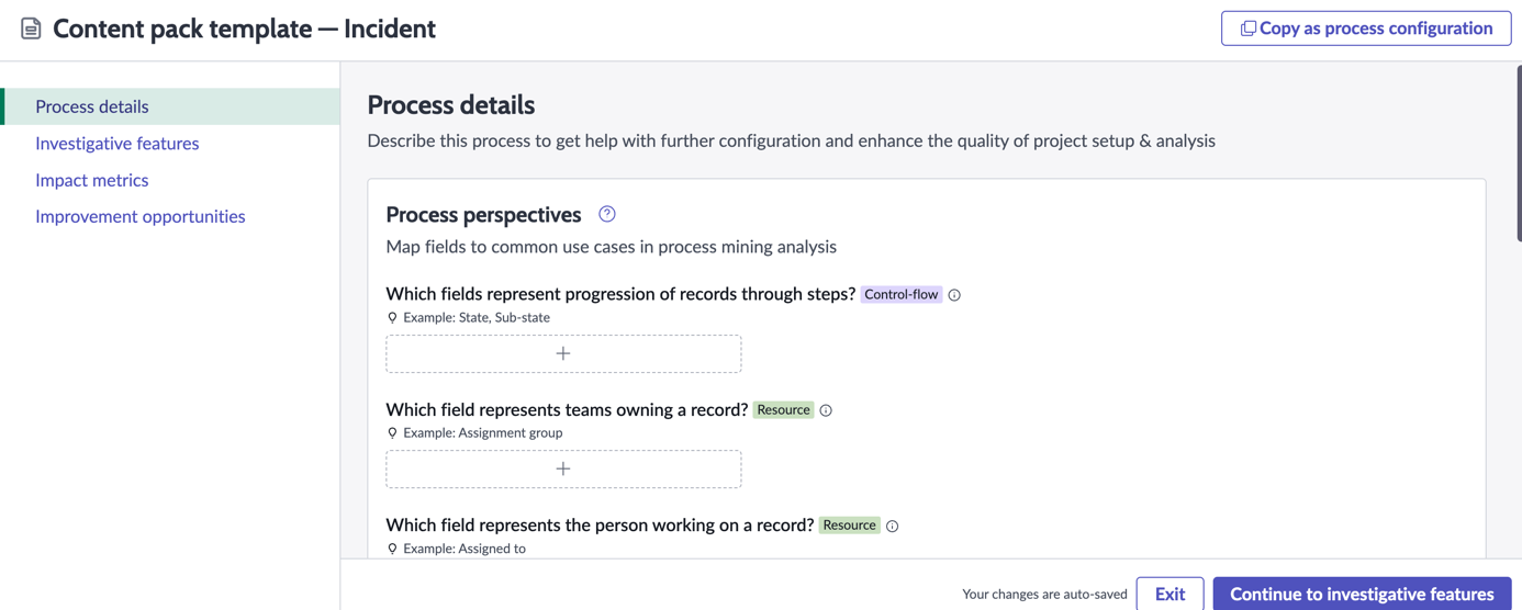 Configuração do processo do modelo de pacote de conteúdo
