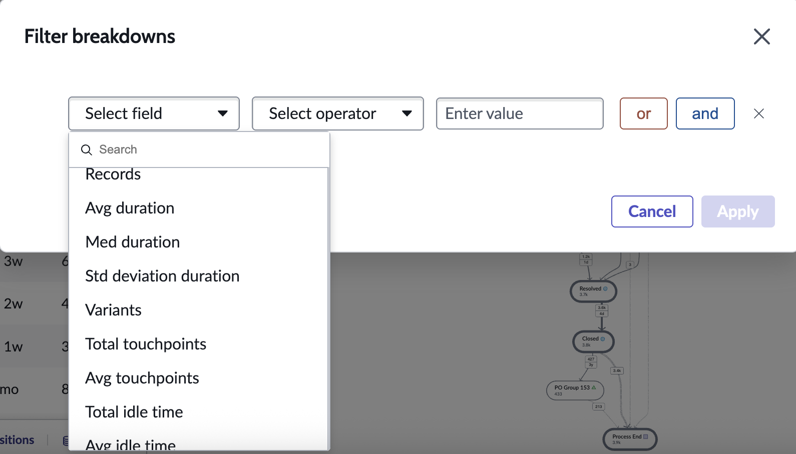 Modal de detalhamentos de filtro no Workbench do analista