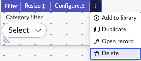 Menu Mais ações do elemento do painel com a opção Excluir realçada