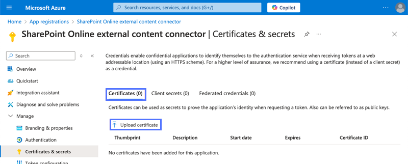 Zertifikatliste und Link zum Hochladen des Zertifikats für eine registrierte Microsoft Azure Anwendung.
