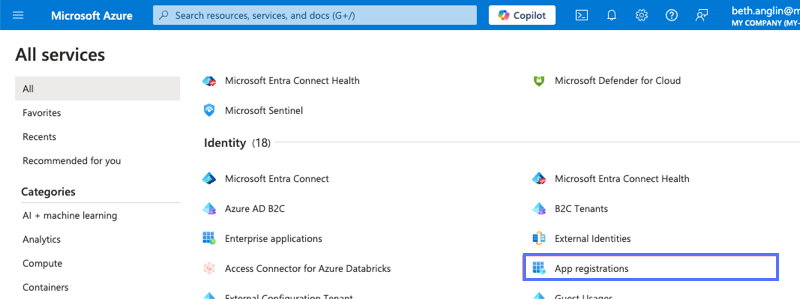 App-Registrierungsservice im Verzeichnis „Alle Services“ im Portal Microsoft Azure