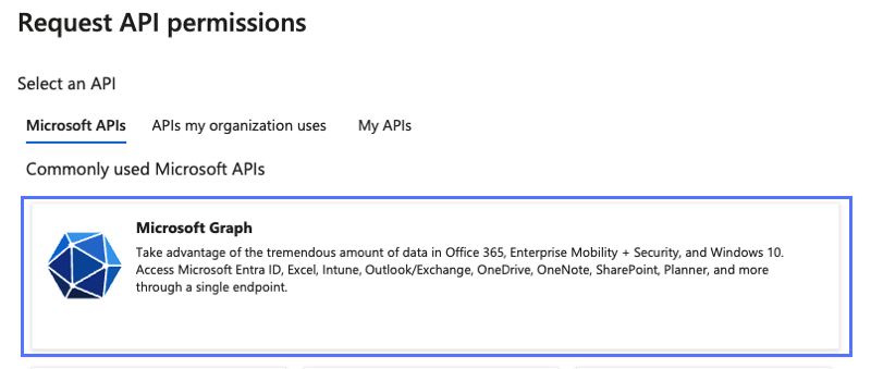 Microsoft Graph API-Eintrag im Bildschirm „API-Berechtigungen anfordern“ im Portal Microsoft Azure.