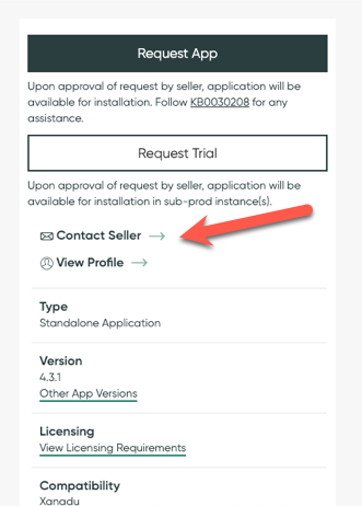 ServiceNow Store Liste , mit einem roten Pfeil, der auf Verkäufer kontaktierenzeigt. Verkäufer kontaktieren ist hinter den Optionen Testversion anfordern, App anfordern, Abrufenoder Kaufenzu finden.