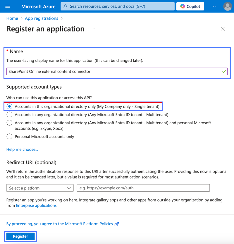 Dialogfeld „Anwendung registrieren“ mit dem Feld „Name“ und dem Menü „Unterstützte Kontotypen“ im Bildschirm „App-Registrierungen“ im Portal Microsoft Azure