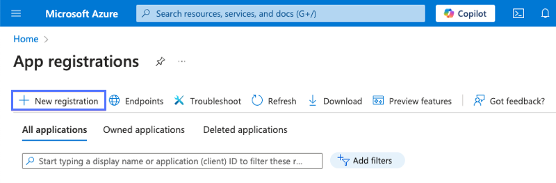 Neuer Registrierungslink im Bildschirm „App-Registrierungen“ im Portal Microsoft Azure.