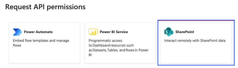 SharePoint-API-Eintrag im Bildschirm „API-Berechtigungen anfordern“ im Portal Microsoft Azure.