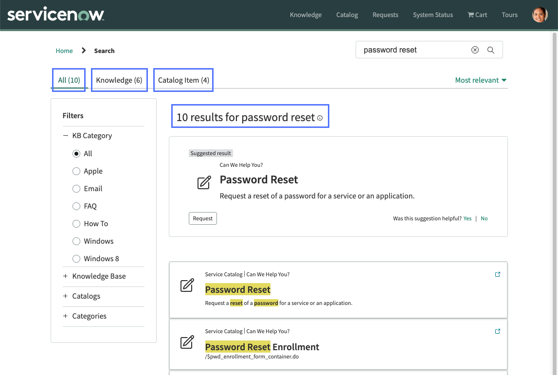 Serviceportal Ergebnisseite mit Ergebnisanzahlen vor der Ergebnisliste und auf Navigationsregisterkarten.