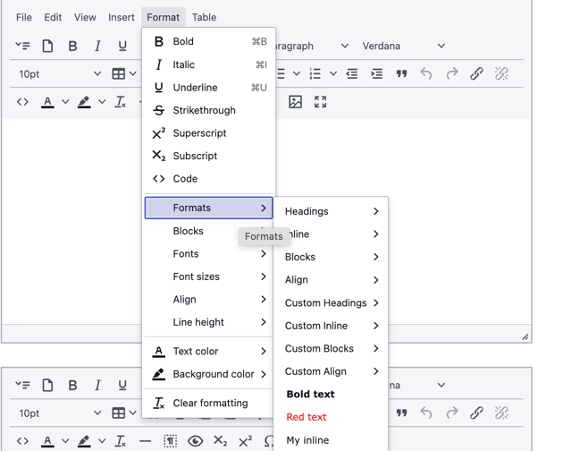 TinyMCE v6.8.3 Anwenderdefinierte Textmenüleiste