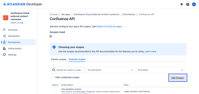 Schaltfläche „Bereiche bearbeiten“ auf dem Bildschirm Berechtigungen der Entwicklerkonsole Atlassian