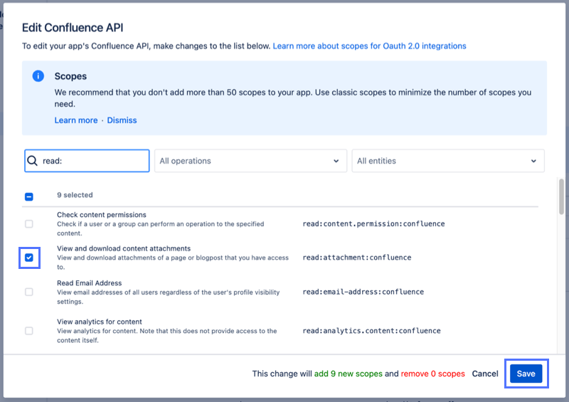 Schaltfläche „Speichern“ im Dialogfeld „Confluence API bearbeiten“ der Entwicklerkonsole Atlassian.