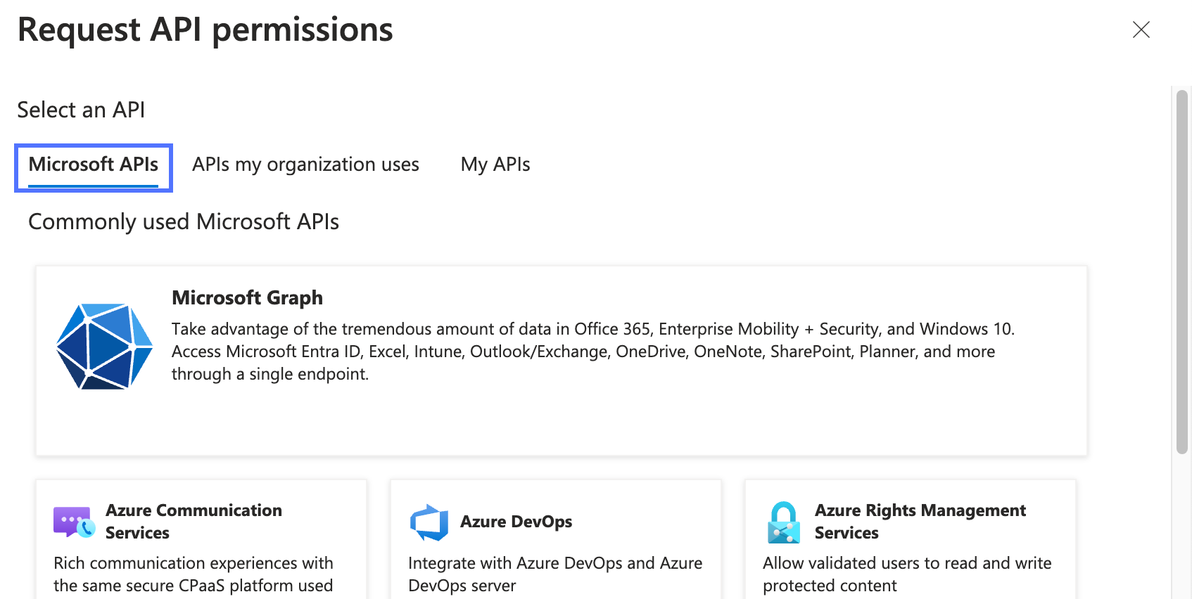 Microsoft Azure Bildschirm „API-Berechtigungen des Portals anfordern“ mit hervorgehobener Microsoft API-Kategorie.