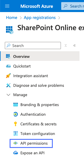 Link zu API-Berechtigungen im Menü „Verwalten“ für eine bei Microsoft Azure registrierte Anwendung.