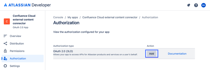 Fügen Sie die Schaltfläche „OAuth 2.0 (3LO)“-Autorisierung auf dem Bildschirm „Autorisierung“ der Entwicklerkonsole Atlassian hinzu.