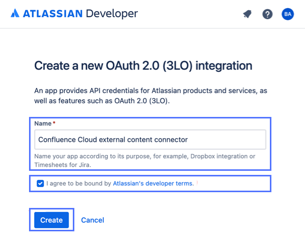 Name der OAuth 2.0 (3LO)-Integration, Option für Entwicklerbedingungen Atlassian und Schaltfläche „Erstellen“ in der Entwicklerkonsole Atlassian