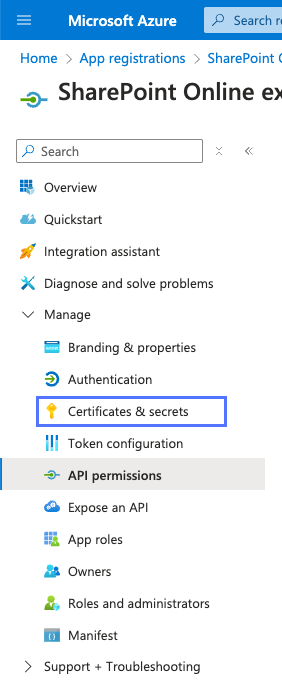 Link „Zertifikate und Geheimnisse“ im Menü „Verwalten“ für eine registrierte Anwendung Microsoft Azure.