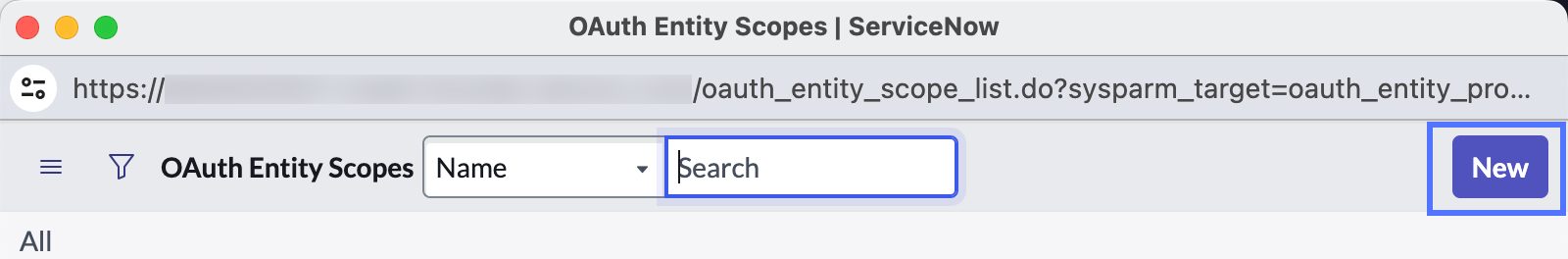 Listenansicht der OAuth-Entitätsbereiche mit hervorgehobener Schaltfläche „Neu“.