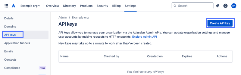 Schaltfläche „API-Schlüssel erstellen“ auf dem Bildschirm „API-Schlüssel“ des Abschnitts „Einstellungen“ der Konsole Atlassian-Administration.