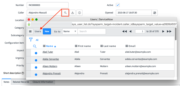 Die Referenz-Suchliste wird in einem Popup-Fenster geöffnet