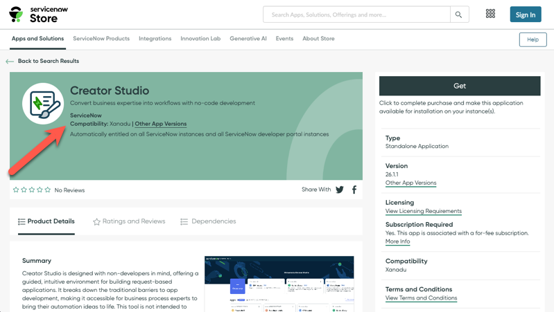 ServiceNow Store -Eintrag für Creator Studio mit einem roten Pfeil, der auf den Text „Kompatibilität: Xanadu“ im Listen-Header zeigt.