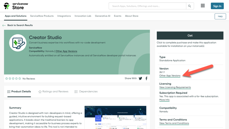 ListeServiceNow Store für Creator Studio mit einem roten Pfeil, der auf den Text „Andere App-Versionen“ in der Liste zeigt.