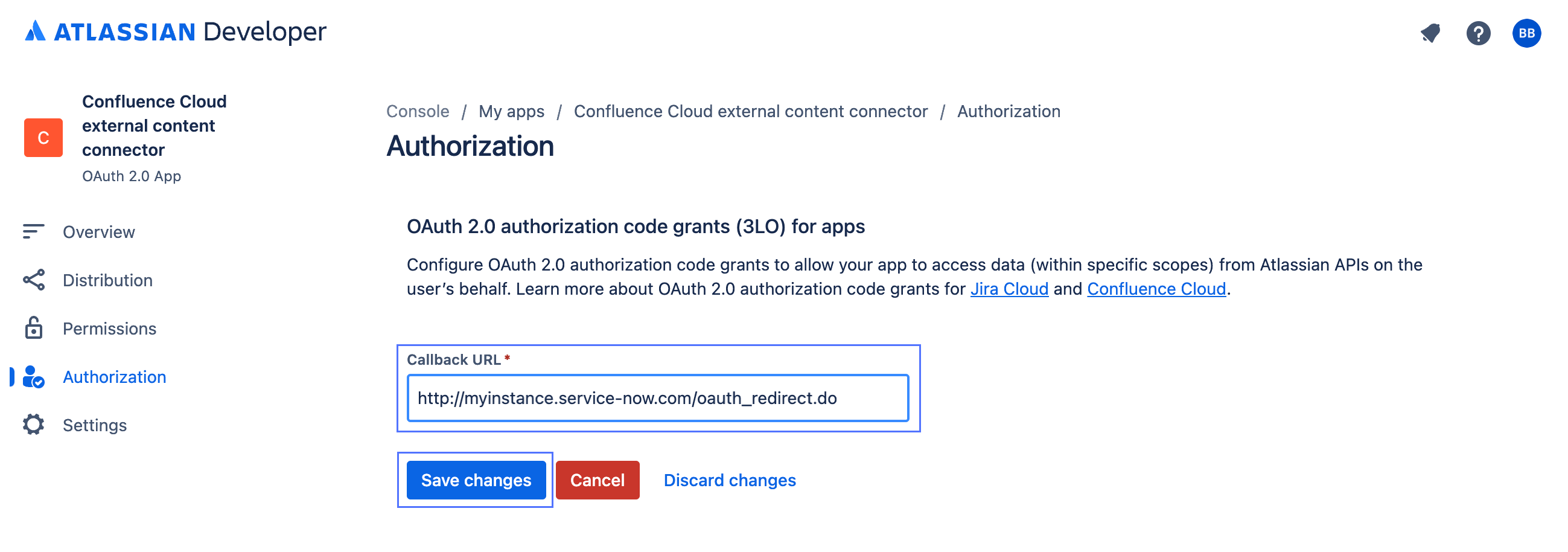 Feld „Rückruf-URL“ und Schaltfläche „Änderungen speichern“ im Bildschirm „Autorisierung“ der Entwicklerkonsole Atlassian.