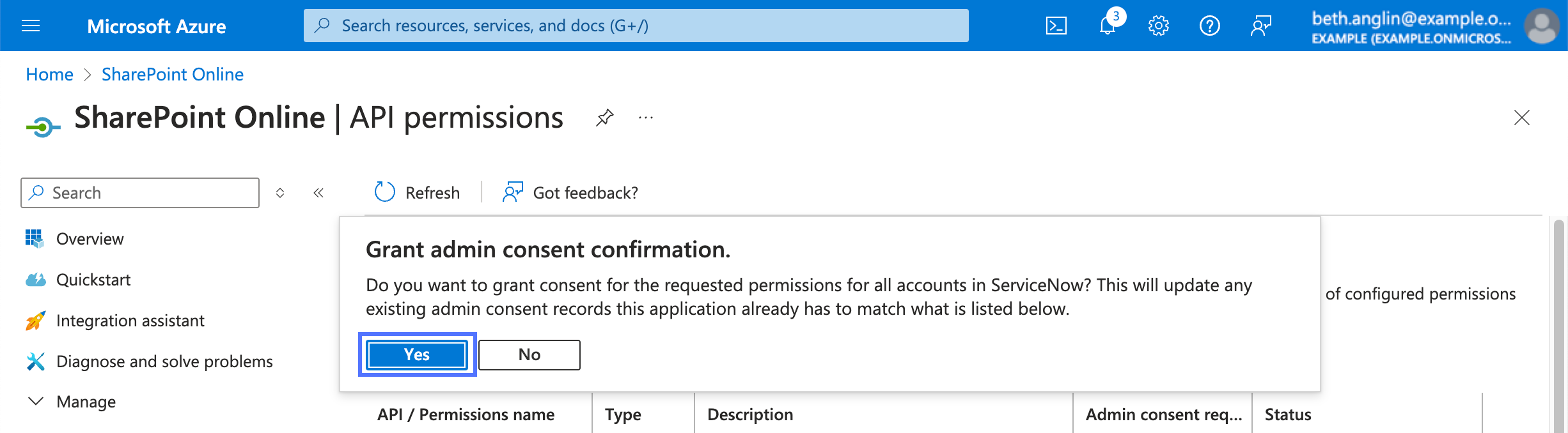 Microsoft Azure -Portal-Anwendungsbildschirm mit hervorgehobener Schaltfläche „Ja“ des Dialogfelds „Administratorzustimmung erteilen“.