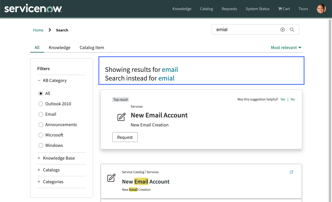 Beispiel für eine automatische Korrekturnachricht, die zeigt, wie der Suchbegriff „ emial“ durch „email“ersetzt wird.
