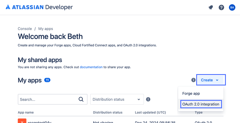 Schaltfläche „Erstellen“ und Menüelement für die OAuth 2.0-Integration auf dem Bildschirm „Meine Apps“ der Entwicklerkonsole Atlassian