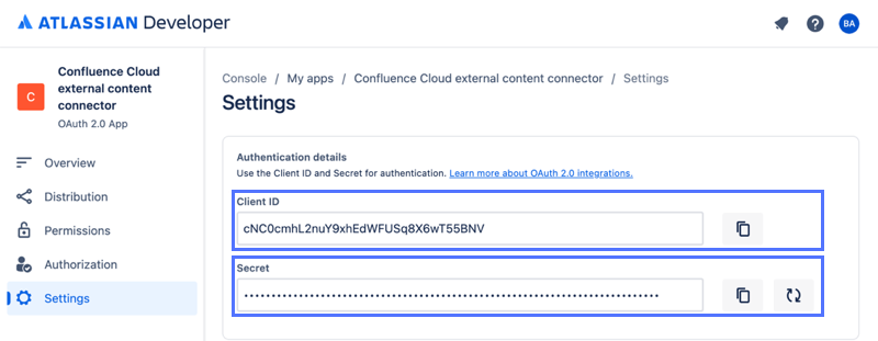 Felder „Client-ID“ und „Geheimnis“ auf dem Bildschirm mit den Einstellungen der Entwicklerkonsole Atlassian.