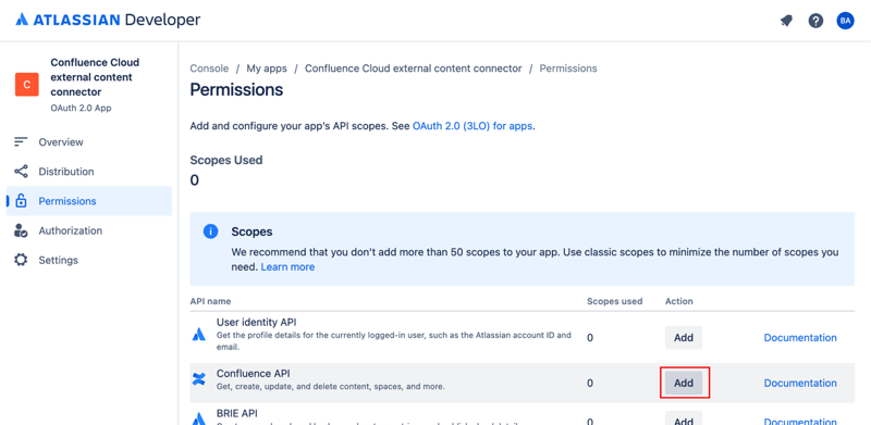Schaltfläche „Confluence API hinzufügen“ auf dem Bildschirm Berechtigungen der Entwicklerkonsole Atlassian.