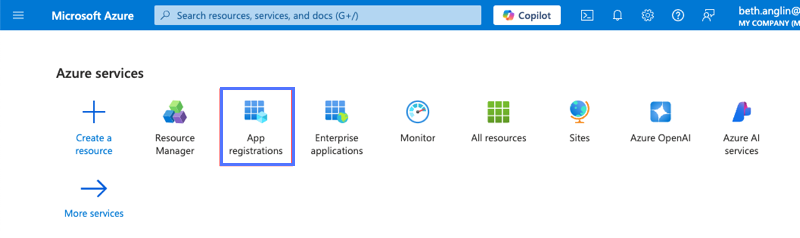 Service für App-Registrierungen in der Liste der Services im AzureMicrosoft Azure -Portal.