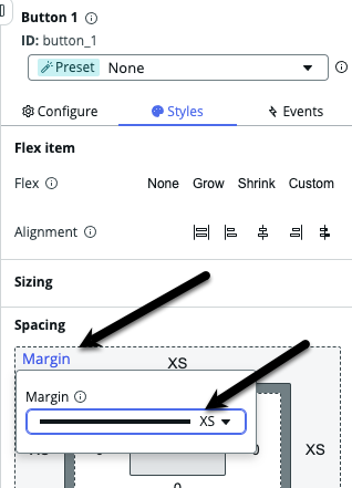 Painel de configuração com setas pretas apontando para a opção de margem e a opção de tamanho extra pequeno.
