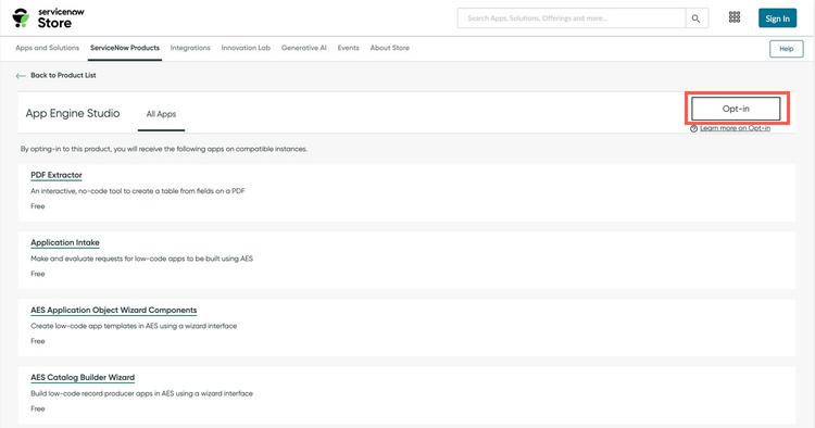 ServiceNow Store App Engine Studio botão